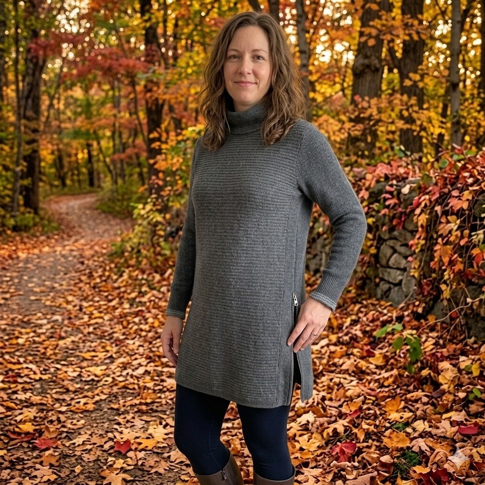 Woolrich Cabincore Tunic Sweater Womens L Gray Mock Neck Ribbed Cotton Knit